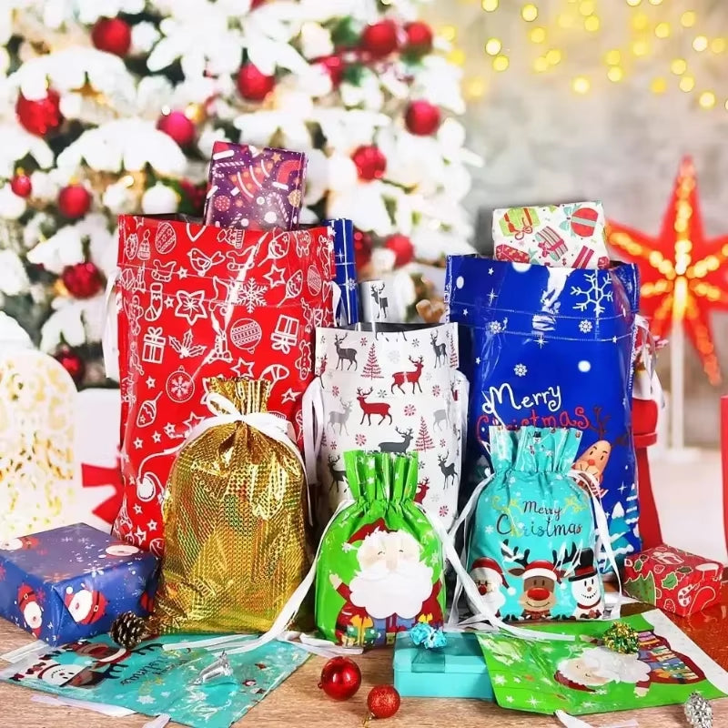 Elevate Your Holiday Spirit with 5PCS Christmas Drawstring Foil Gift Bags - Perfect for Presents and Party Favors!