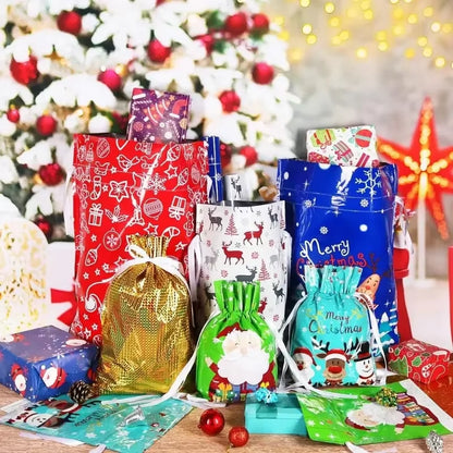 Elevate Your Holiday Spirit with 5PCS Christmas Drawstring Foil Gift Bags - Perfect for Presents and Party Favors!
