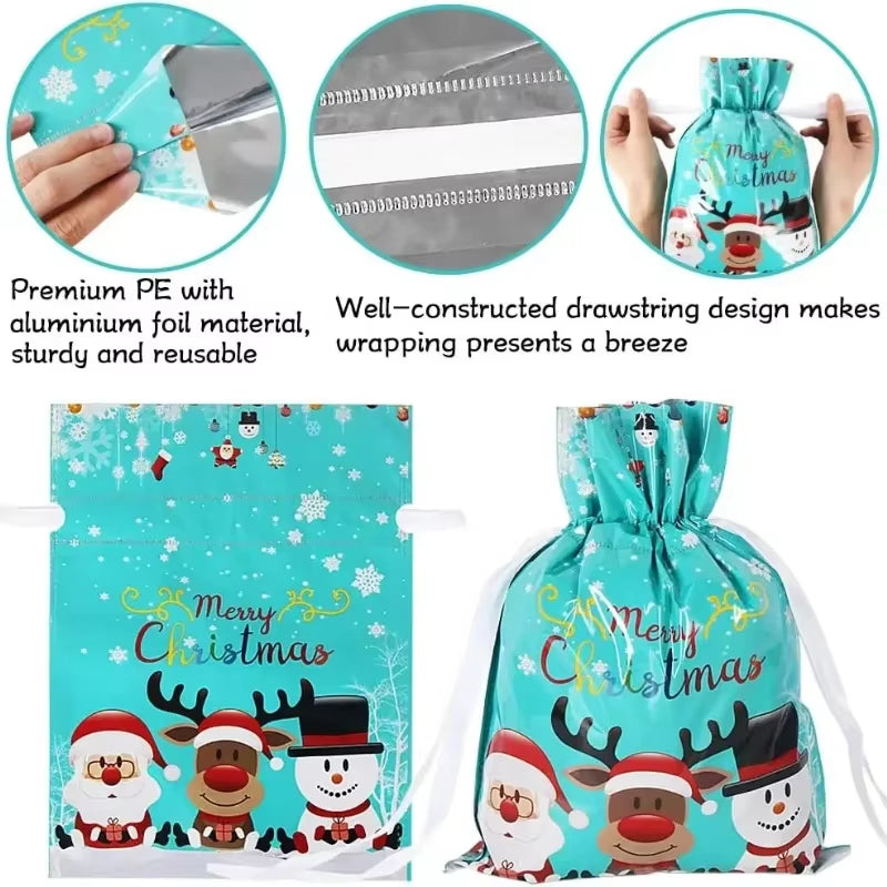 Elevate Your Holiday Spirit with 5PCS Christmas Drawstring Foil Gift Bags - Perfect for Presents and Party Favors!