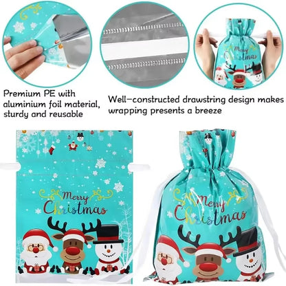 Elevate Your Holiday Spirit with 5PCS Christmas Drawstring Foil Gift Bags - Perfect for Presents and Party Favors!