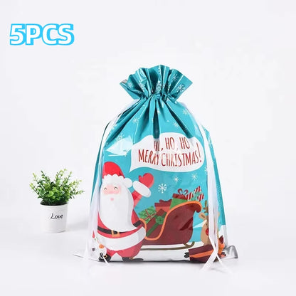 Elevate Your Holiday Spirit with 5PCS Christmas Drawstring Foil Gift Bags - Perfect for Presents and Party Favors!